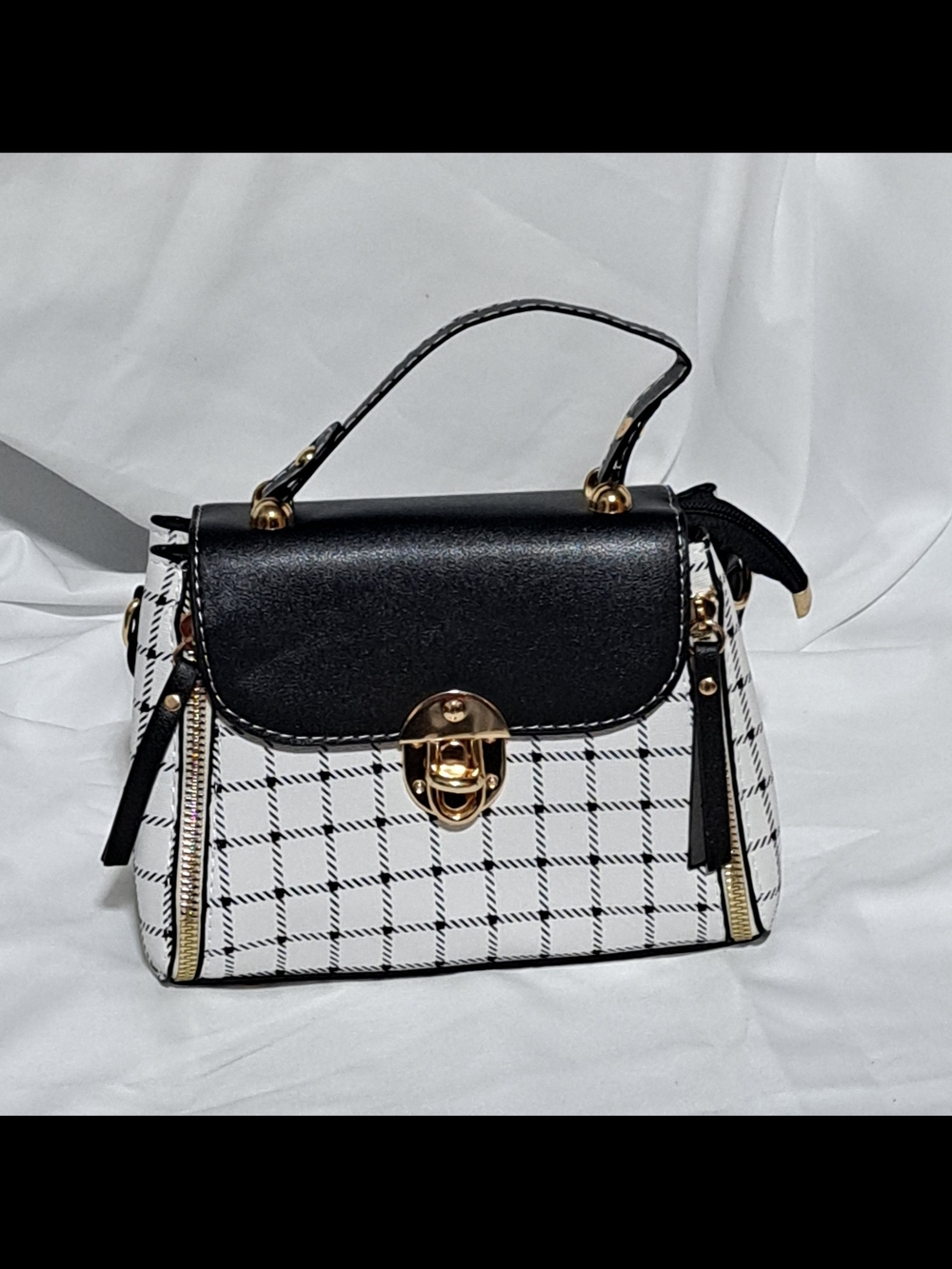 Plaid Black and White Top-Handle Satchel with Charm - Picture 9 of 16